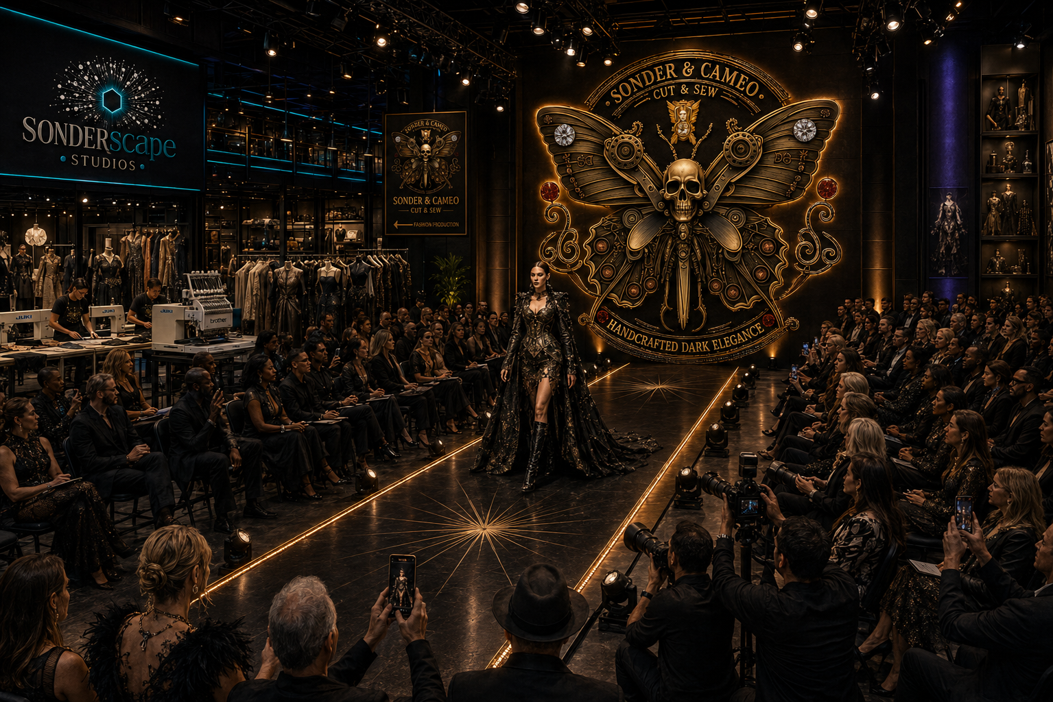 The Sonder & Cameo runway atelier — a candlelit fashion show beneath the golden moth emblem